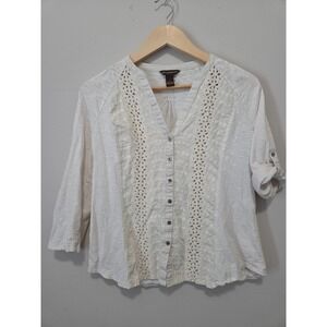 Bit & Bridle White Cotton Eyelet Lace Button Up Top 3/4 Roll Tab Sleeve Large